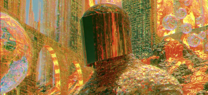 The image features a mannequin head wearing a green helmet with a black stripe down the middle, giving it an armored appearance. The background of the image is filled with various colorful bubbles floating around, creating a vibrant and surreal atmosphere. The caption "Gm!" suggests that this image might be related to a post about GM (General Motors) or some other topic involving GM products or services.