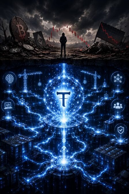 The image features a man standing in front of a blue, glowing map with various symbols representing different elements or aspects of cryptocurrency trading. The man appears to be looking down at the map while holding a coin. The title "TAO" can also be seen on the image. The background is dark and cloudy, creating an atmosphere that matches the overall theme of the post.