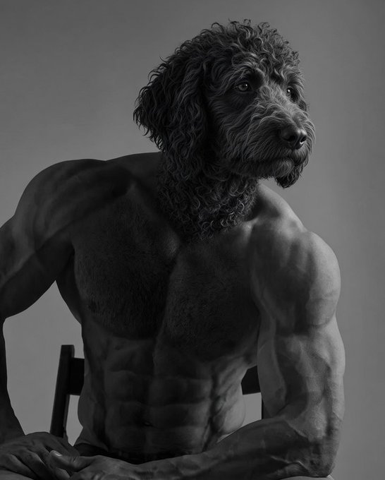 A surreal black-and-white photograph of a muscular, shirtless man's torso with a curly-haired dog's head, seated on a chair against a gray background.