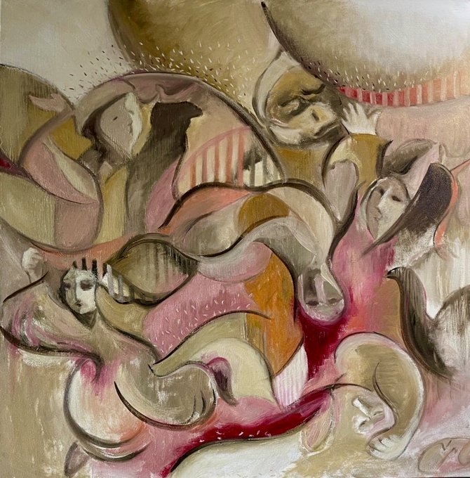 An abstract painting featuring swirling organic forms in earthy tones of pink, brown, ochre, and cream, with multiple stylized faces emerging from the flowing shapes.