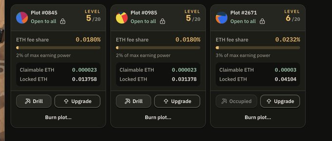 The image shows three digital NFT plots (#0845, #0985, and #2671) from Project Mars, each displaying levels (5/20, 5/20, and 6/20), ETH fee shares (0.0180%, 0.0180%, and 0.0232%), percentages of max earning power (2%, 2%, and 3%), and claimable/locked ETH balances, with options to Drill, Upgrade, or Burn each plot—directly illustrating the user's call to "double down on drill" and invest in this GameFi project via the referral link project-mars.app/?ref=leegenz.