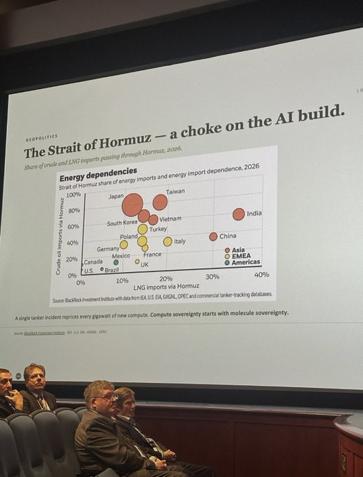 A presentation slide titled 'The Strait of Hormuz — a choke on the AI build' displaying a bubble chart of energy dependencies and LNG imports, with attendees seated in the foreground.
