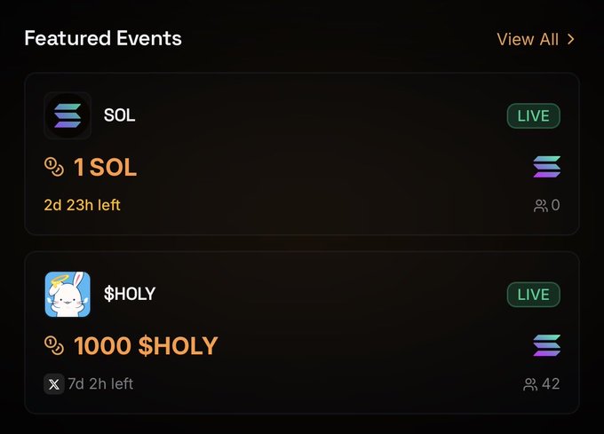 A dark-themed "Featured Events" panel displays two live airdrop opportunities: a SOL event requiring 1 SOL with 2d 23h remaining and 0 participants, and a $HOLY event requiring 1000 $HOLY with 7d 2h remaining and 42 participants, both branded with a Solana logo and accessible via a "View All" link.