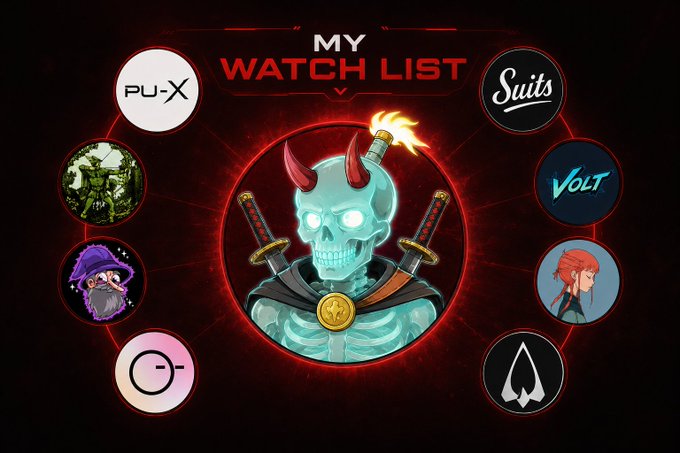 A graphic titled "MY WATCH LIST" features a central skeletal samurai character with flaming horns and crossed katanas, surrounded by eight circular NFT project logos (PU-X, Wasteland, a wizard, a smiley face, Suits, VOLT, a red-haired character, and ParallelUniX). The image visually represents the curated list of upcoming NFT mints and collaborations mentioned in the accompanying post, including Wasteland, PoweredByVolt, SuitsOnHood, AGNT, THEBUFOS, and ParallelUniX.