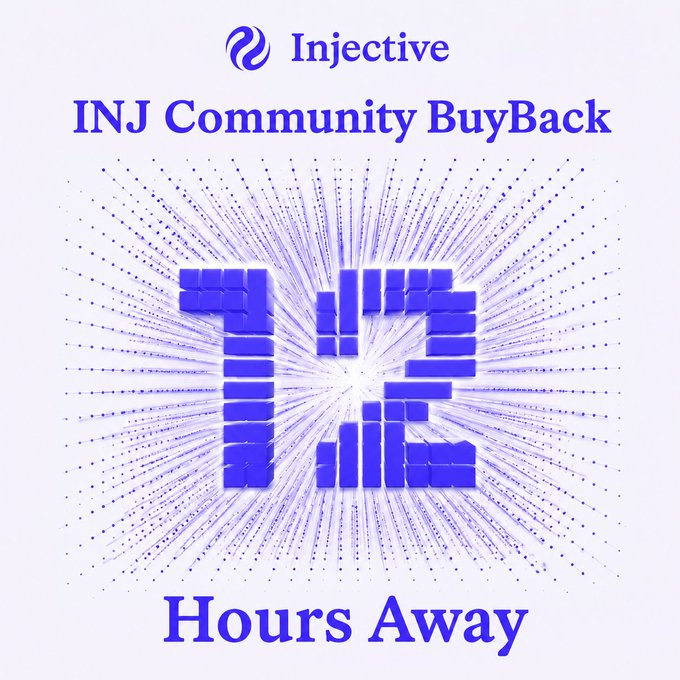 An Injective promotional graphic announces an 'INJ Community BuyBack' launching in '12 Hours Away' with a countdown made of blue blocks.