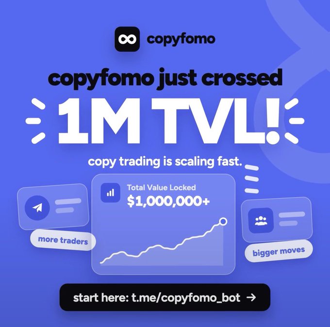 A promotional graphic from Copyfomo announces that the platform just crossed $1M in Total Value Locked (TVL), featuring an upward trending chart and the call-to-action link t.me/copyfomo_bot. The blue-themed design highlights milestones like "more traders" and "bigger moves," aligning with the post's celebration of $COPY reaching this significant TVL threshold as copy trading adoption grows.