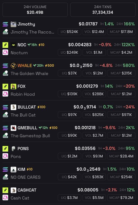 A cryptocurrency tracker dashboard displays 24-hour market data showing $20.49B volume and 37,334,134 transactions, featuring memecoins like Jimothy ($0.01787, 166% 24H), The Golden Whale ($580%), and Robin Hood (-20%), providing a snapshot of trending tokens to help identify potential runners for the day.