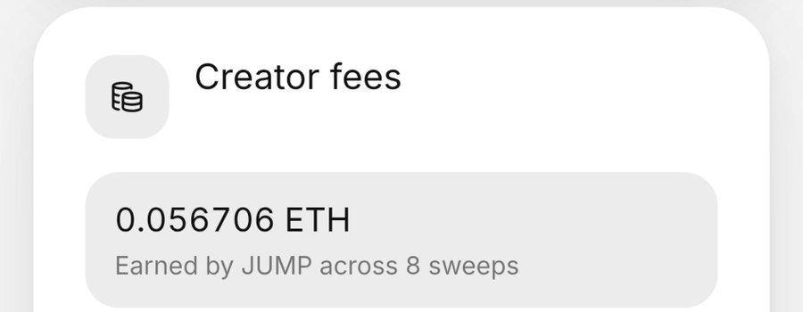 An interface displays Creator fees of "0.056706 ETH Earned by JUMP across 8 sweeps."
