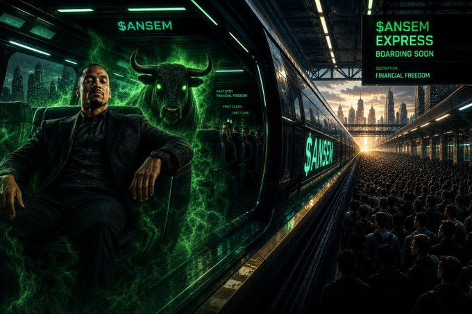 A man in a black suit sits relaxed inside a sleek futuristic train car, accompanied by a glowing green bull-headed spirit, with the text "$ANSEM EXPRESS BOARDING SOON FINANCIAL FREEDOM" displayed on a digital sign as a massive crowd of people waits to board at a sunlit station platform. The image visually reinforces the post's urgency by depicting the $ANSEM Express as an exclusive opportunity about to depart, with eager crowds lining up to catch the ride toward financial freedom before it leaves them behind.