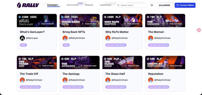 The image shows a dashboard on Rally.fun featuring multiple crypto giveaway campaigns, including "1500 USDC What's GenLayer," "660 USDC Bring Back NFTs," and several RLP token rewards like "WHY RLPS MATTER," "The Memorir," "The Trade Off," "The Apology," "The Glass Half," and "Reputation." This relates to the post as it displays the official Rally platform link (rally.fun/r/lies88888) mentioned by the user, who is hosting a legitimate whitelist giveaway to compensate followers after a previous lottery was compromised by a scammer.