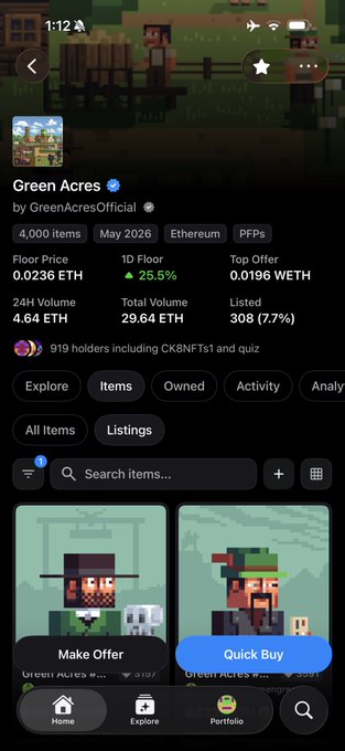 The image shows a screenshot of an app called "Green Acres NFT", which appears to be related to cryptocurrency or digital art. It has a green background with white text, indicating that it's a mobile application. The main focus of the image is a person wearing a hat and a coat, possibly a character from a video game or a painting. This person is standing in front of a house, which adds context to their role as a character creator or collector. The app has a "Make Offer" button on it, suggesting that users can create digital artworks or participate in cryptocurrency trading activities.