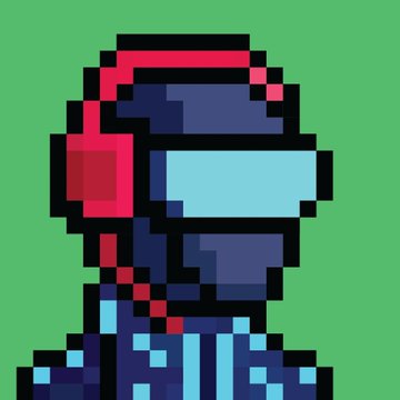 A pixel art character wearing a dark helmet with a red crest and a blue futuristic visor, set against a green background.