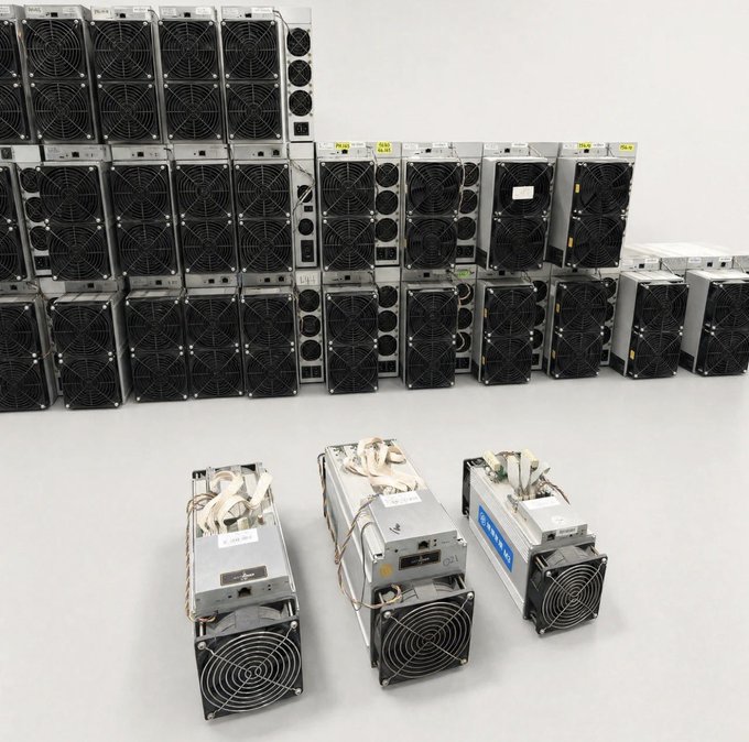 A collection of cryptocurrency mining hardware, with several Antminer units stacked in the background and three units displayed in the foreground on a white surface.