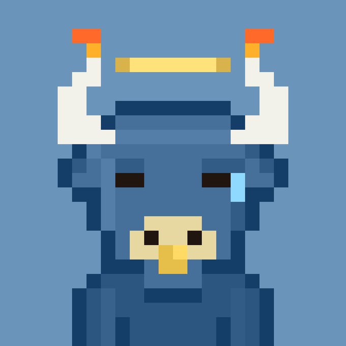 A pixel art image of a blue viking-like character with white horned helmet featuring orange tips, with a yellow blade overhead, appearing as a mascot-style avatar related to the Bulltoshi crypto community referenced in the post.