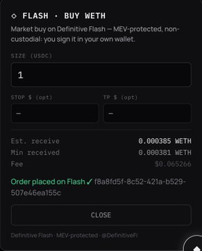 A screenshot of a cryptocurrency trading interface showing a 'FLASH - BUY WETH' order placement with 'SIZE (USDC)' set to 1, displaying estimated receive of 0.000385 WETH and min received of 0.000381 WETH.