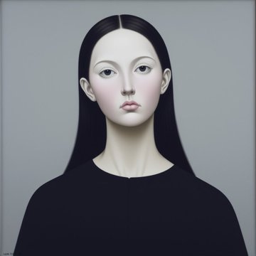 A stylized portrait of a pale, doll-like figure with long black hair, dark eyes, and a black top, set against a muted gray background. The eerie, mask-like face evokes the mysterious, exclusive aesthetic of an NFT collection, complementing the post about securing GTD Phase spots for the Divergents_ETH mint.