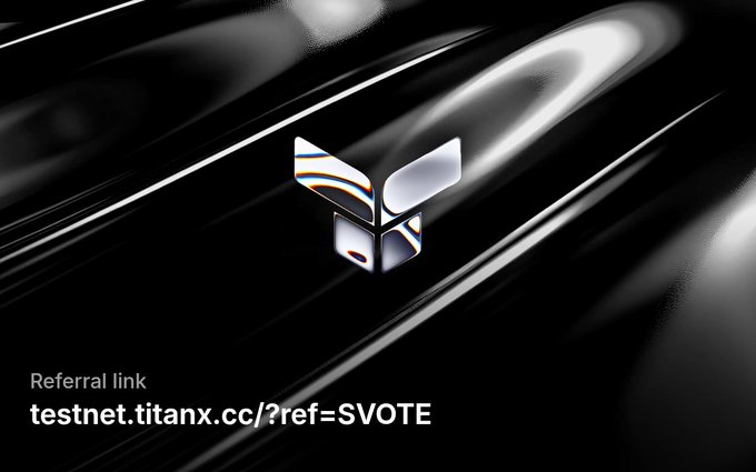 A dark promotional graphic featuring a metallic chrome-like cube logo against a black background, with text reading 'Referral link testnet.titanx.cc/?ref=SVOTE'.