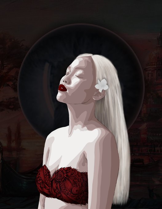 A digital painting depicts a pale woman with long white hair and a white flower accessory, wearing a red rose-patterned top, set against a dark background referencing classical paintings.