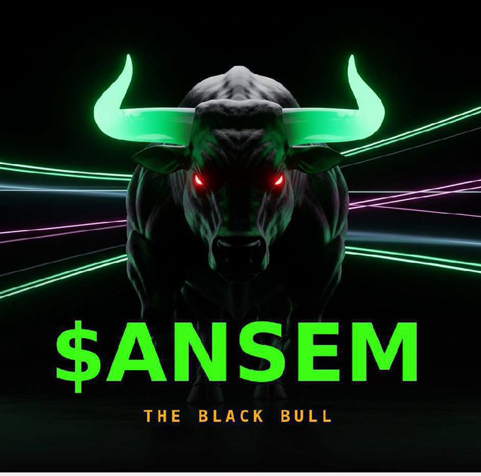 A black bull with glowing green horns and red eyes stands in front of neon laser lines, with the text "$ANSEM" and "THE BLACK BULL" displayed below.
