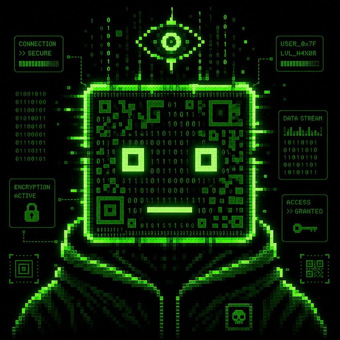 A digital illustration features a hooded figure with a glowing green pixelated QR code for a face, surrounded by a cyberpunk-style interface displaying 'CONNECTION >> SECURE', 'ENCRYPTION ACTIVE', 'ACCESS >> GRANTED', and binary code.