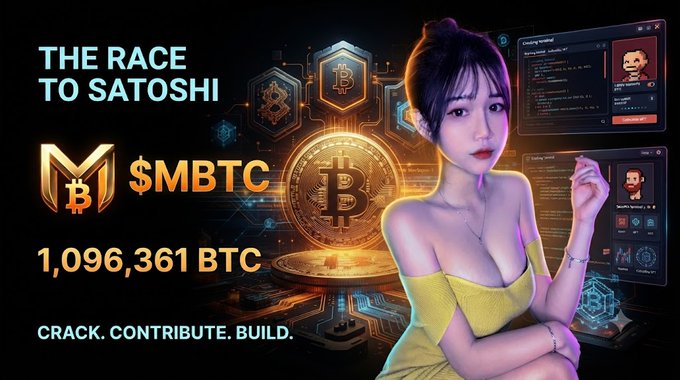 A crypto-themed promotional banner reads 'THE RACE TO SATOSHI', '$MBTC', '1,096,361 BTC', and 'CRACK. CONTRIBUTE. BUILD.' alongside a digital illustration of a woman in a yellow top.