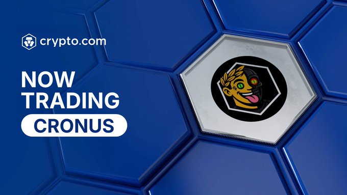 A promotional graphic for Crypto.com announces that $CRONUS is now trading on the platform, featuring the crypto.com logo alongside the bold "NOW TRADING CRONUS" text. The right side showcases the Cronus logo, which depicts a playful cartoon face with a laurel wreath, tongue out, and a glowing red cybernetic eye, set against a blue hexagonal tile background.