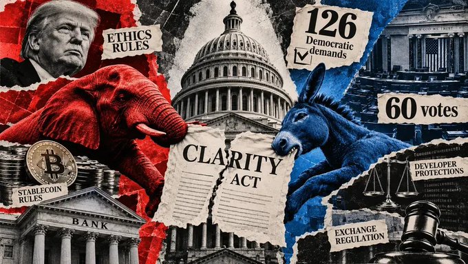 A political collage featuring the U.S. Capitol building, a red elephant, and a blue donkey representing political parties, alongside text for the 'CLARITY ACT,' 'ETHICS RULES,' '126 Democratic demands,' '60 votes,' 'STABLECOIN RULES,' 'BANK,' and 'DEVELOPER PROTECTIONS.'