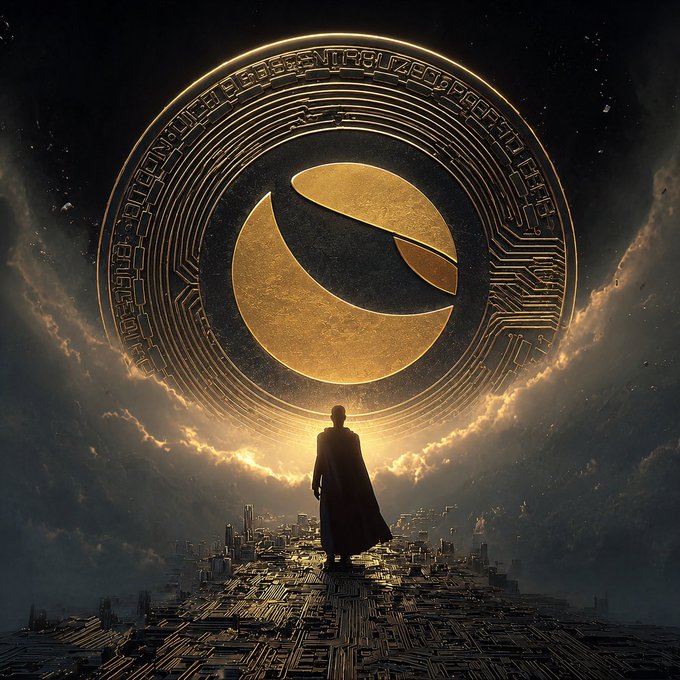 A cinematic digital artwork depicts a cloaked figure standing on a metallic cityscape, gazing up at a massive glowing golden circular symbol with intricate runes against a cloudy, dramatic sky.