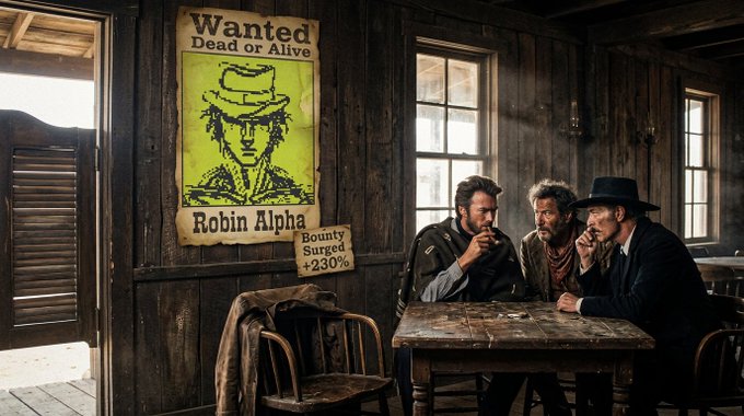 Three men in Western-style attire sit at a table in a rustic wooden saloon, with a 'WANTED Dead or Alive Robin Alpha, Bounty Surged +230%' poster hanging on the wall beside them.