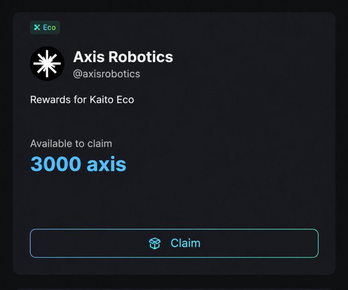 A digital interface showing rewards from Axis Robotics (@axisrobotics) for Kaito Eco, displaying 3000 axis available to claim with a Claim button.