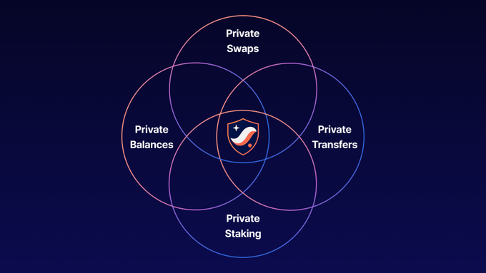 A Venn diagram-style graphic with four overlapping circles labeled "Private Swaps," "Private Balances," "Private Transfers," and "Private Staking," surrounding a central shield logo with a checkmark.