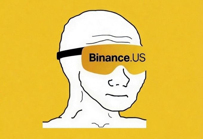 A minimalist line-drawn Wojak figure wears yellow "Binance.US" branded shades against a yellow background, visually tying into the post's promotion for trading $WOJAK on the platform and competing for $100,000 in rewards.