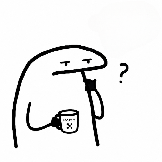 A simple black-and-white line drawing of a character with a flat expression holding a mug labeled 'KAITO' with an 'X' symbol, accompanied by a floating question mark.