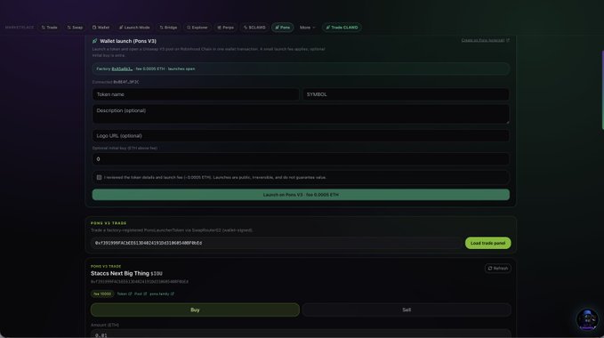 A dark-themed token launch platform interface (pump.fun) showing fields for launching a "Wallet launch" token, including wallet address, token name "SYMBOL," description, and logo URL fields.