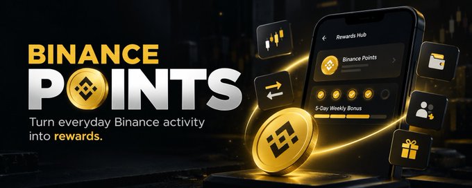 Binance Points promotional banner reading 'Turn everyday Binance activity into rewards' showing a smartphone displaying the Rewards Hub with Binance Points and 5-Day Weekly Bonus, alongside icons representing trading, swapping, wallet, gifts, and profile features.