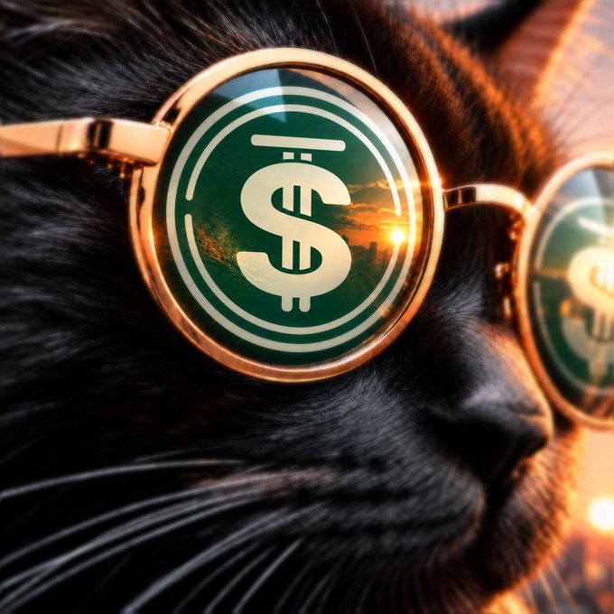 Close-up of a black cat wearing gold-rimmed glasses, with the lenses reflecting a green USDC stablecoin logo and a sunset sky.