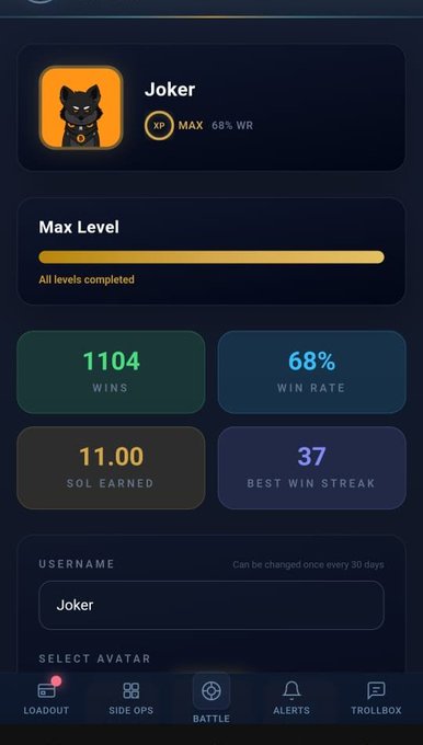The image shows a phone screen displaying information about a game called "Solgun.gg". The user has achieved 1,100 victories and lost 67 times during their gameplay. The app also provides tips for improving their skills and suggests they join the community of players who have experienced similar results. The post emphasizes that skill matters more than luck in achieving success in gaming.