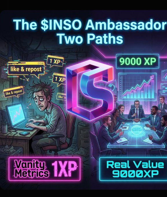A digital illustration titled 'The $INSO Ambassador Two Paths' showing a contrast between 'Vanity Metrics 1XP' (a man alone at a desk with 'like & repost' notifications) and 'Real Value 9000XP' (a group in a business meeting with a rising chart).