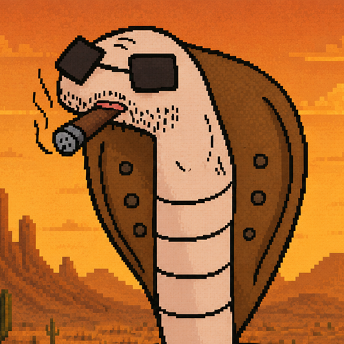 A pixel-art cobra wearing sunglasses smokes a cigar against a desert sunset, fitting the laid-back, rugged vibe of a meme coin launch for "$Cubrate" on Solana via pump.fun.