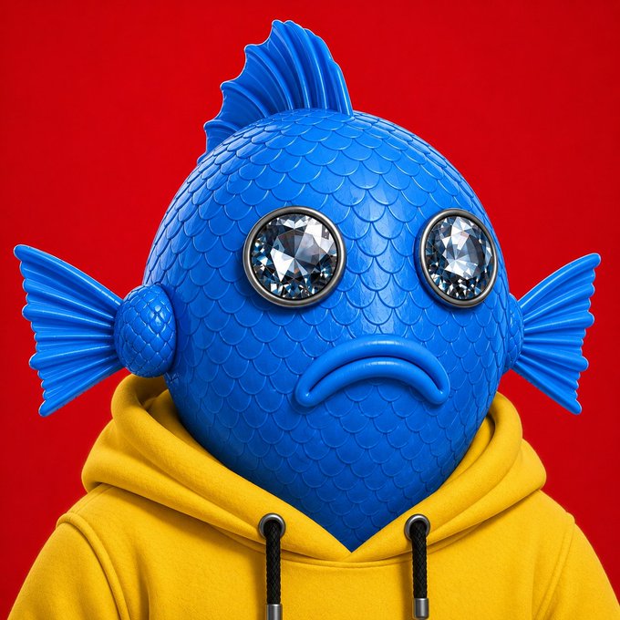 A 3D-rendered blue fish character with diamond eyes wears a yellow hoodie against a red background, displaying a frowning expression.