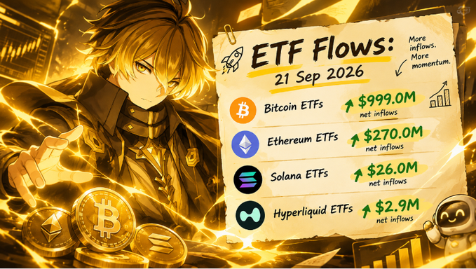 An anime-style illustration featuring a golden-haired character alongside an 'ETF Flows' chart dated 21 Sep 2026, showing net inflows: Bitcoin ETFs $999.0M, Ethereum ETFs $270.0M, Solana ETFs $26.0M, and Hyperliquid ETFs $2.9M.