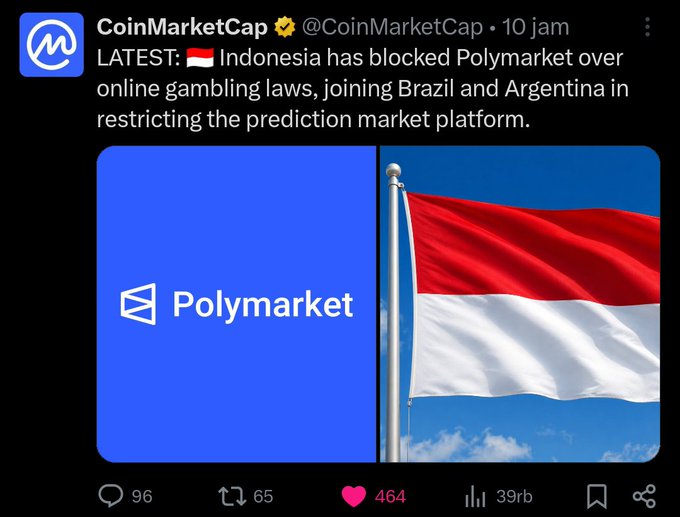 The image features a flag with red, white, and blue colors flying high above a social media post. The post includes text that reads "BREAKING: Indonesia has blocked Polymarket over online gaming laws, joining Brazil and Argentina in restricting the prediction market platform." This information is related to the flag's design as it represents the countries of Indonesia, Brazil, and Argentina. The image also contains a hashtag (#POLYMARKETCAP) and a number "46" that could be a reference to a specific event or campaign related to Polymarket.
