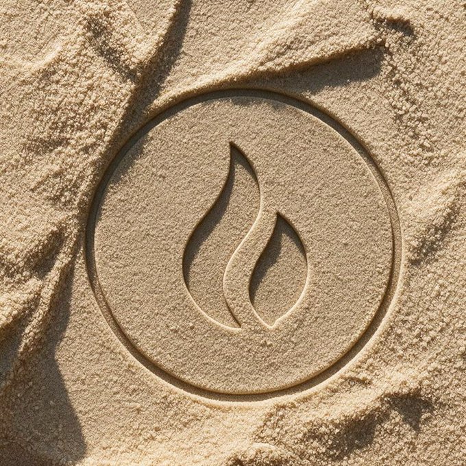 A close-up of a textured tan/stone surface featuring an engraved logo of a stylized flame inside a circle.