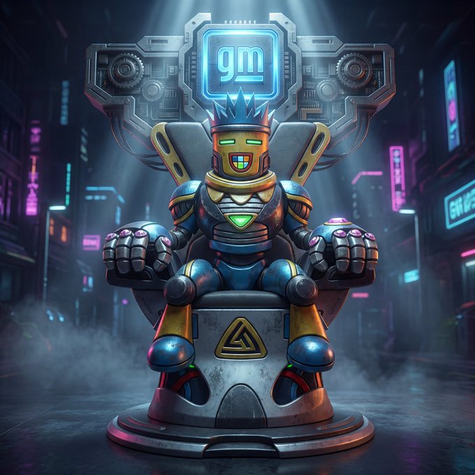 A futuristic robot with a glowing "gm" display on its head sits on a mechanical throne in a neon-lit cyberpunk city, perfectly embodying the "GM & Happy Friday!" sentiment.