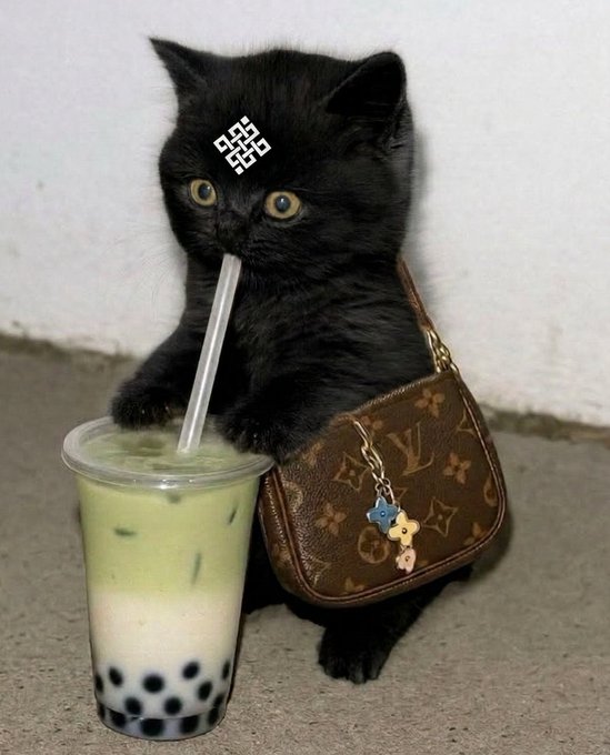 The image features a black cat sitting next to a cup of green tea with white bubbles floating around it. The cat has a purse attached to its back, which includes a charm that reads "gRitual!". The caption for this image also mentions the hashtag "#gritual".