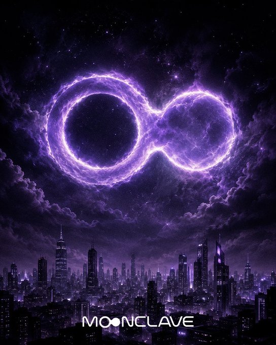 A glowing purple infinity symbol hovers over a futuristic, neon-lit cityscape under a starry sky, with the text "MOONCLAVE" displayed at the bottom. The image visually reinforces the post's message of an enduring, community-driven ecosystem ("a space where participation actually matters"), with the infinity symbol symbolizing the lasting and continuous nature of the Moonclave community.