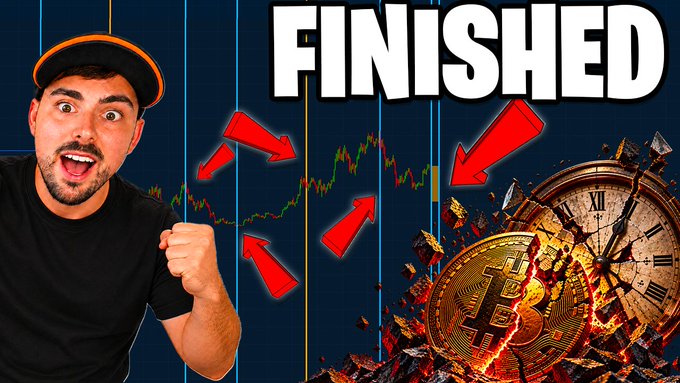 A YouTube thumbnail shows an excited man pointing at a stock chart with the word 'FINISHED' displayed above arrows pointing to Bitcoin and a shattered clock.