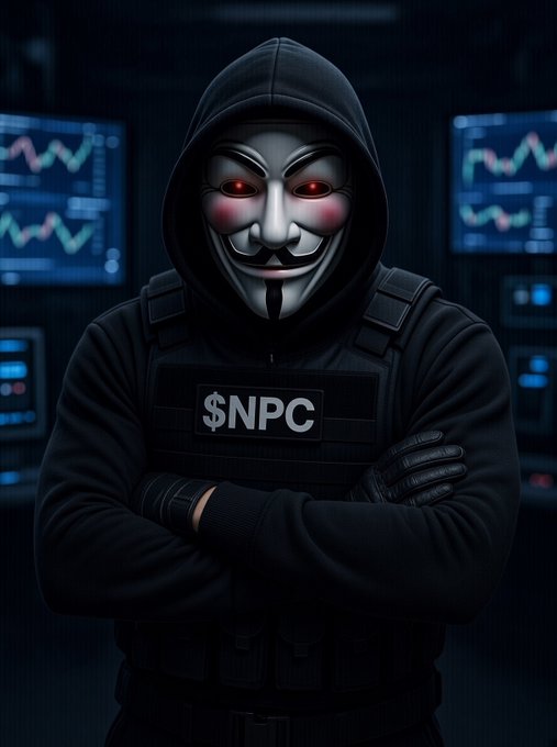 A digital illustration of a figure in a black hoodie and tactical vest with "$NPC" written on it, wearing a Guy Fawkes mask with glowing red eyes, standing in front of monitors displaying financial charts.