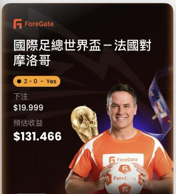 A ForeGate promotional image shows a man in an orange ForeGate jersey holding a soccer ball and a golden World Cup trophy, advertising a "France vs Morocco" FIFA World Cup prediction bet with the outcome "2-0 - Yes," a wager of $19.999, and an estimated return of $131.466. The visual reinforces the accompanying post's message about using ForeGate's AI predictive trading analysis for more confident sports betting decisions.