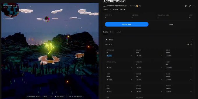 A split-screen showing a pixelated nighttime game scene on the left and a dark-mode interface for 'ACCRETION TEST #1' detailing trading orders and activity on the right.